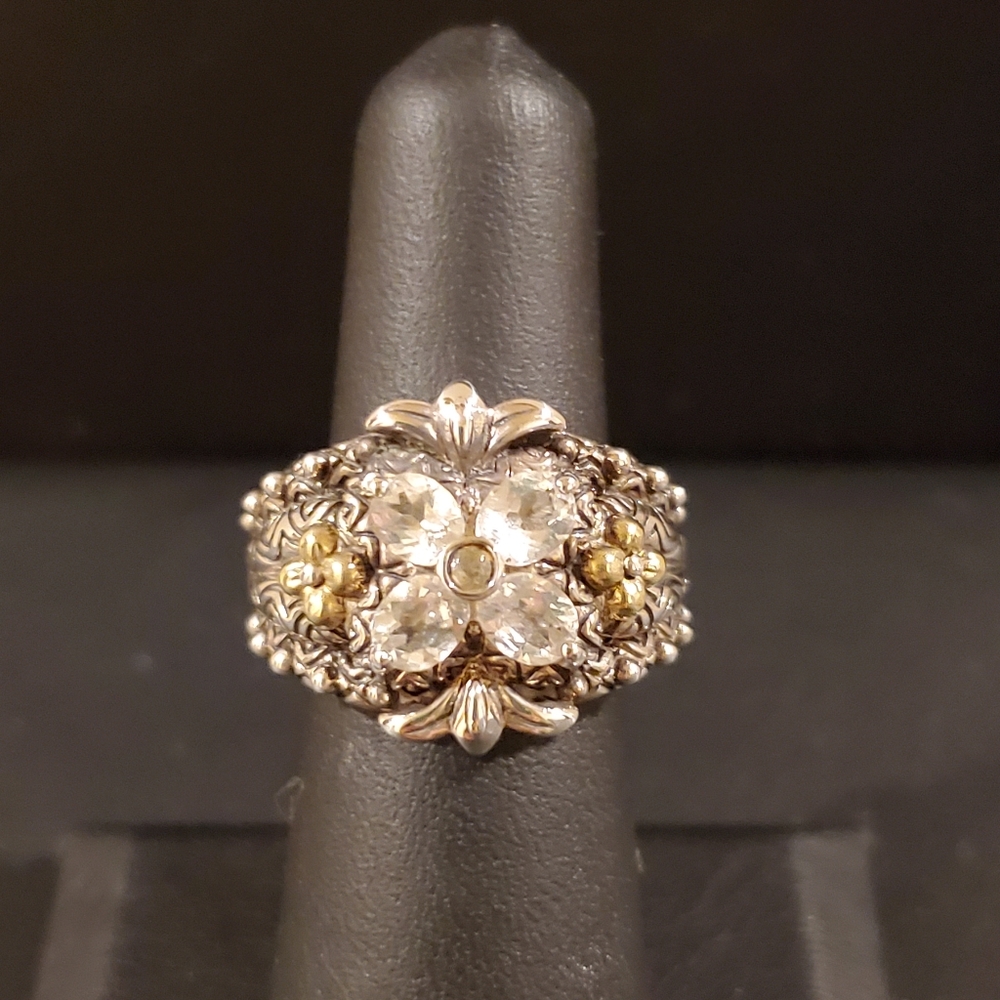 Barbara Bixby Sterling & 18K White Topaz Flower  Ring